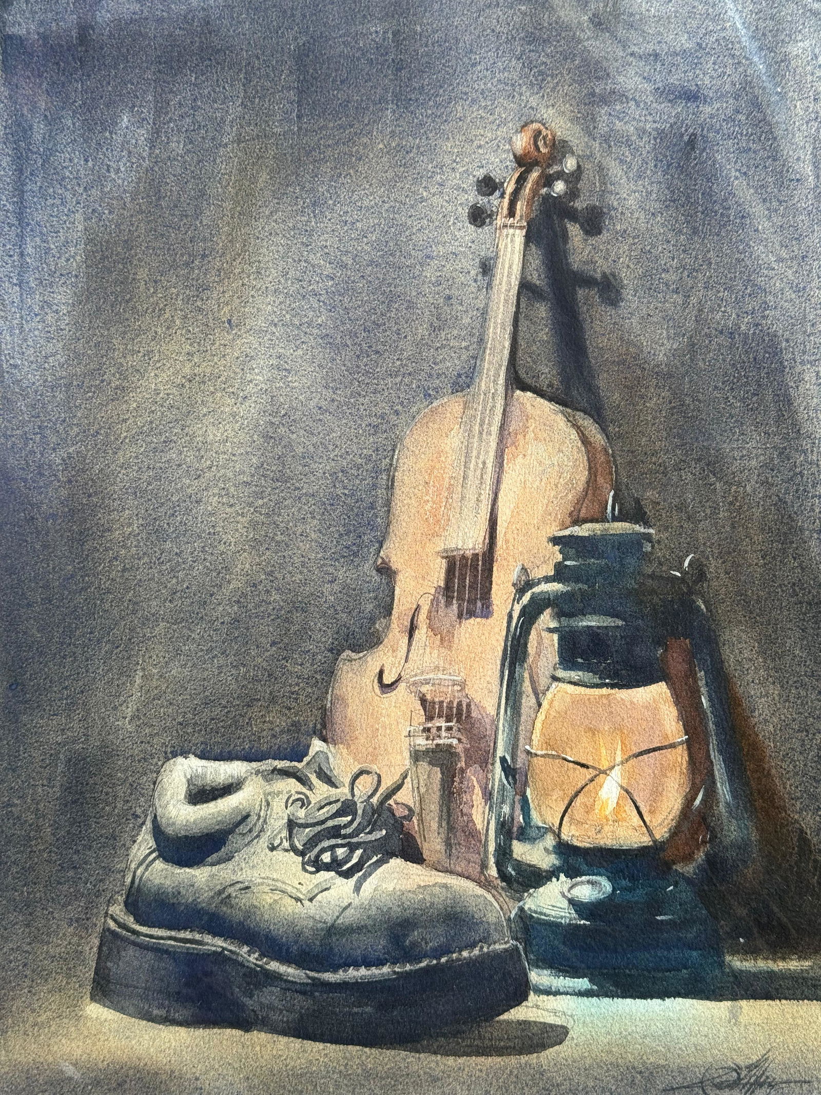 Watercolor Still Life Painting For Drawing Room,Dinning Hall / Guitar ,Harriken 15x11 inch.  Image