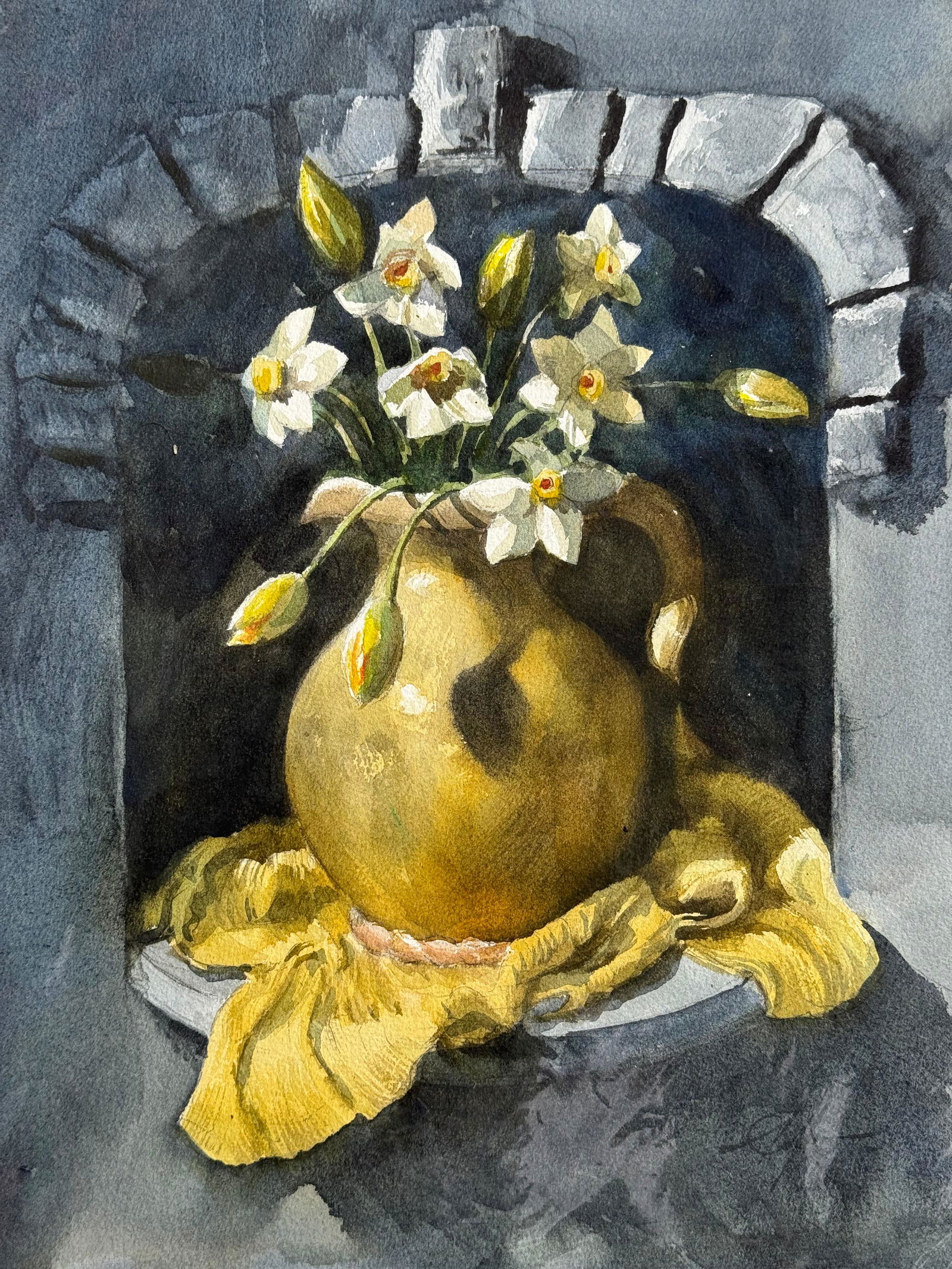 Watercolor Still Life Painting For Drawing Room,Dinning Hall / Flowers With Pot 16x12 inch. Image