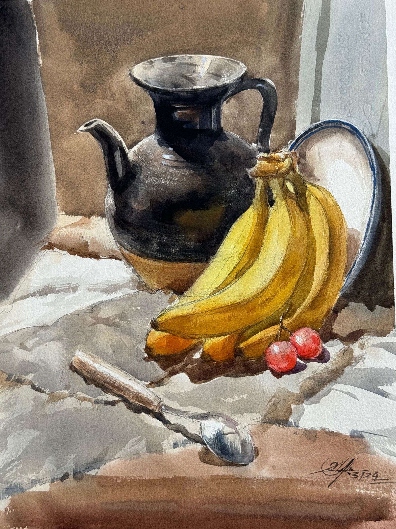 Watercolor Still Life Painting For Office,Drawing Room,Dinning Hall / Banana,Old Pot,15x11 inch. Image