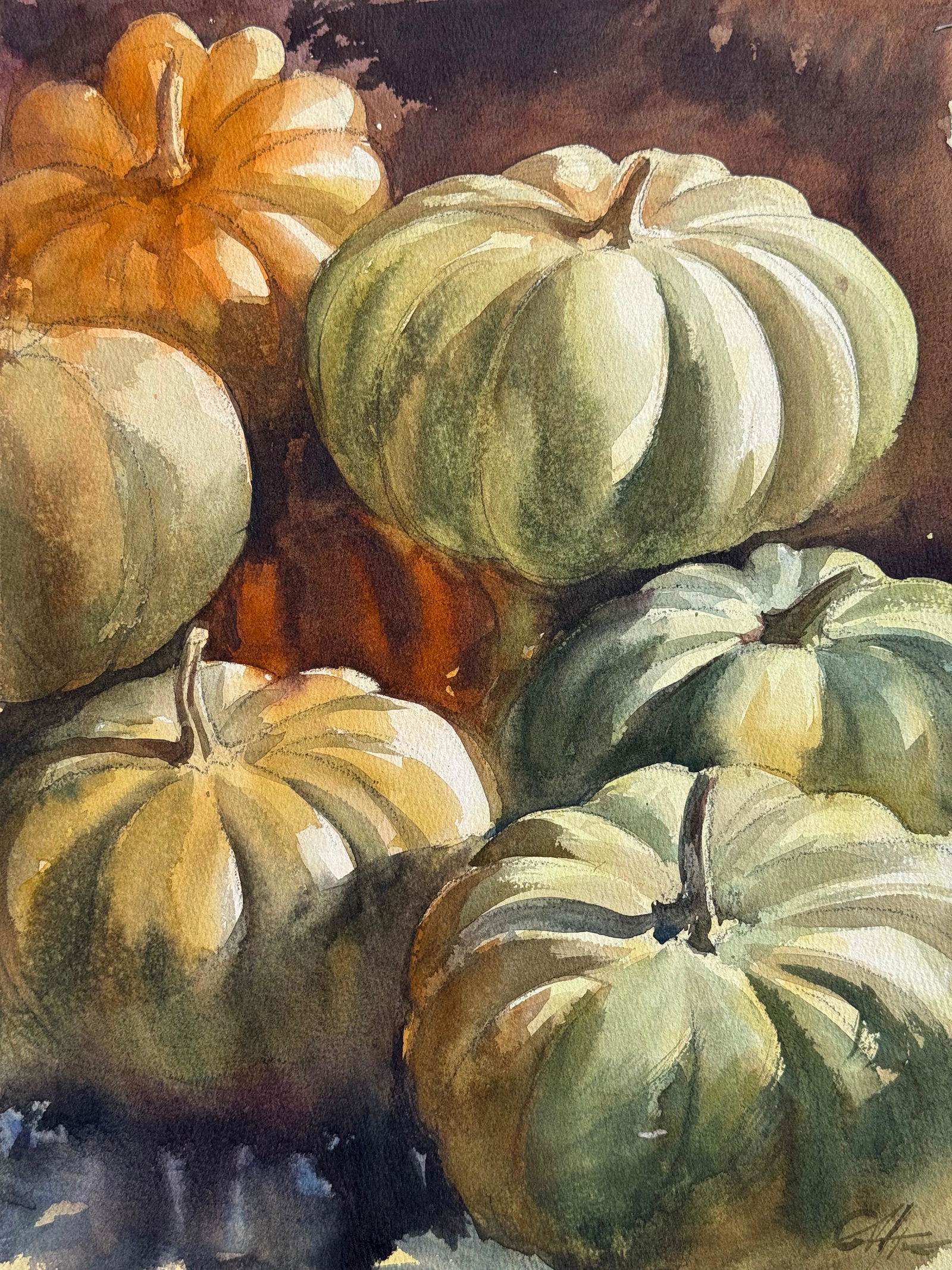 Watercolor Still Life Painting For Office,Drawing Room,Dinning Hall / Pumpkin 16x12 inch. Image