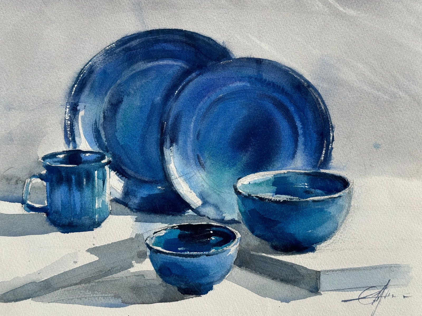 Watercolor Still Life Painting For Office,Drawing Room,Dinning Hall,Kitchen / Blue Pots 15x11 inch.  Image