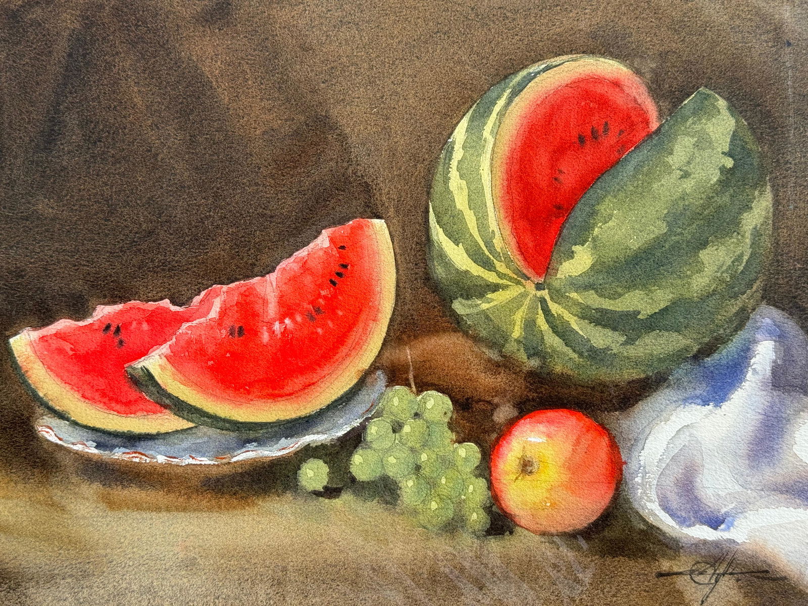 Watercolor Still Life Painting For Office,Drawing Room,Dinning Hall,Kitchen / Watermelon 15x11 inch. Image