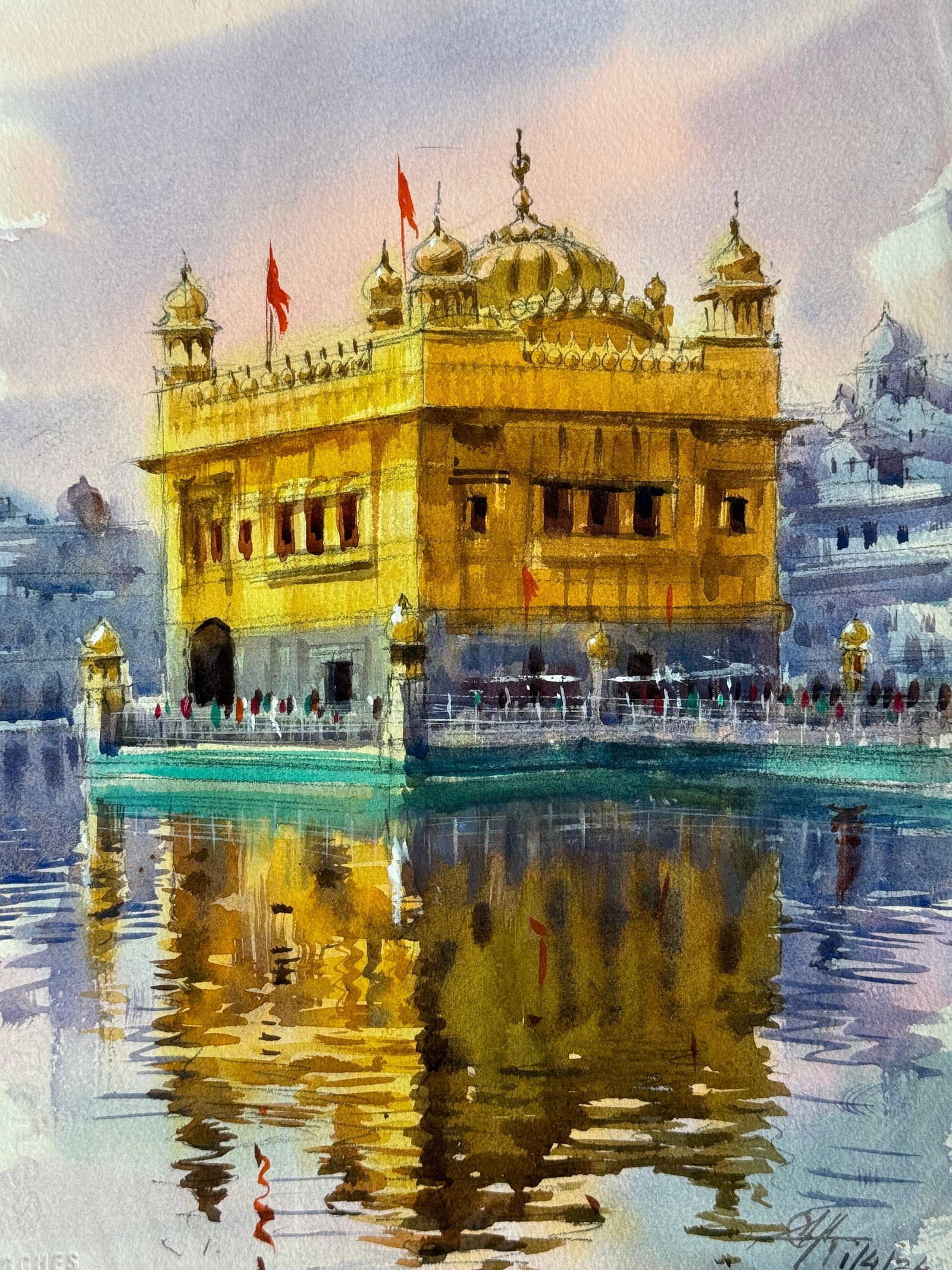 Watercolor Landscape Painting For Office,Drawing Room,Dinning Hall,Kitchen / Golden Temple 15x11 inch.  Image