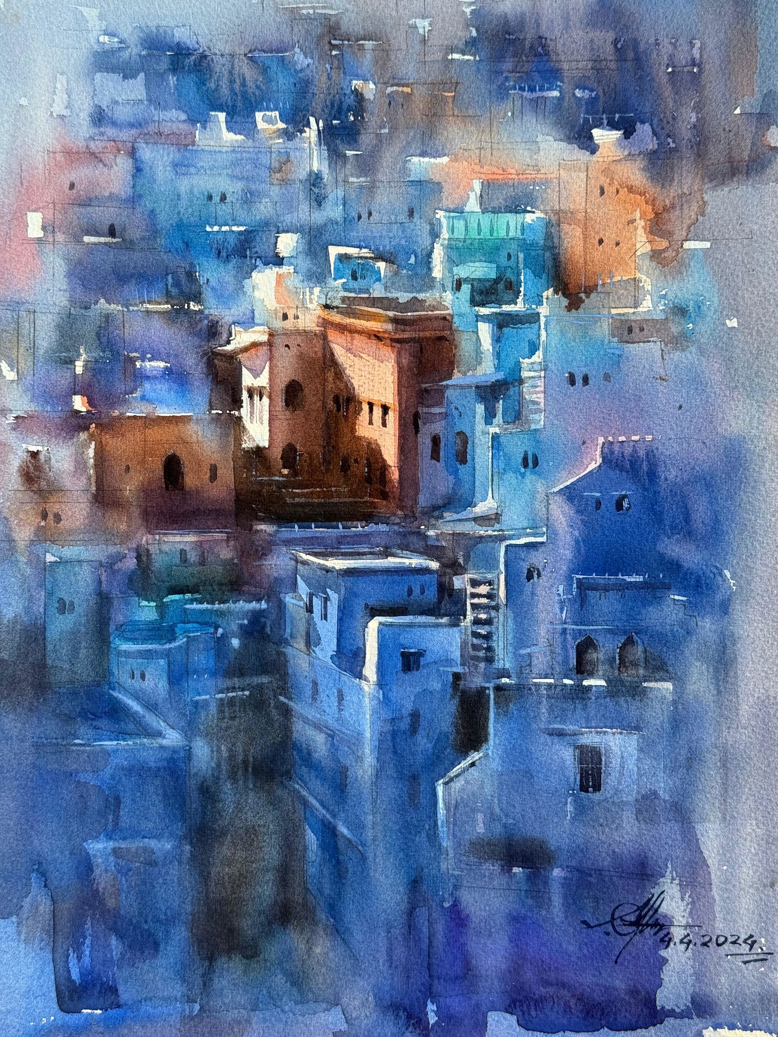 Watercolor Landscape Painting For Office,Drawing Room,Dinning Hall,Kitchen / Jodhpur Blue City 16x12 inch.  Image