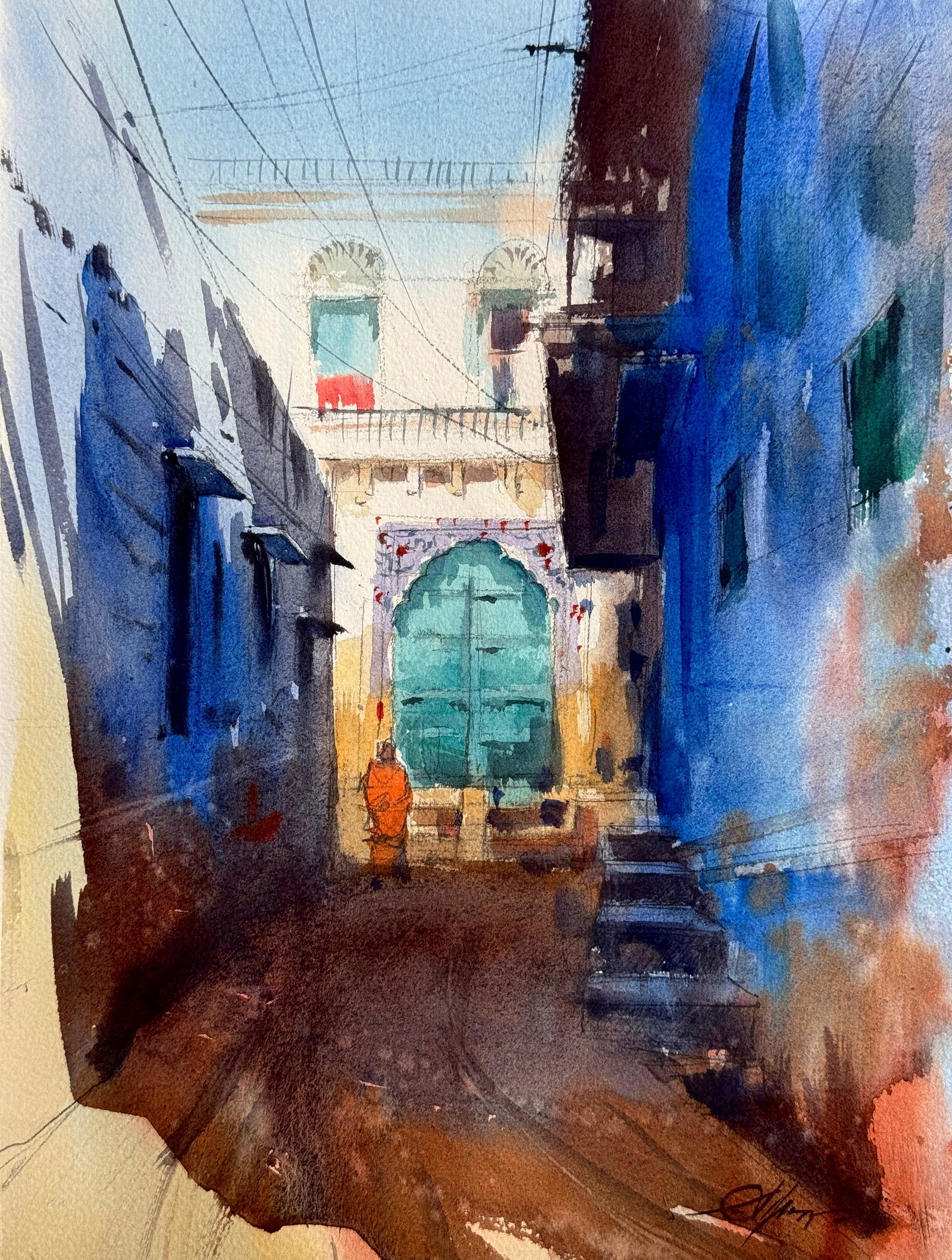 Watercolor Landscape Painting For Office,Drawing Room,Dinning Hall,Kitchen / Jodhpur Blue City 15x11 inch. Image