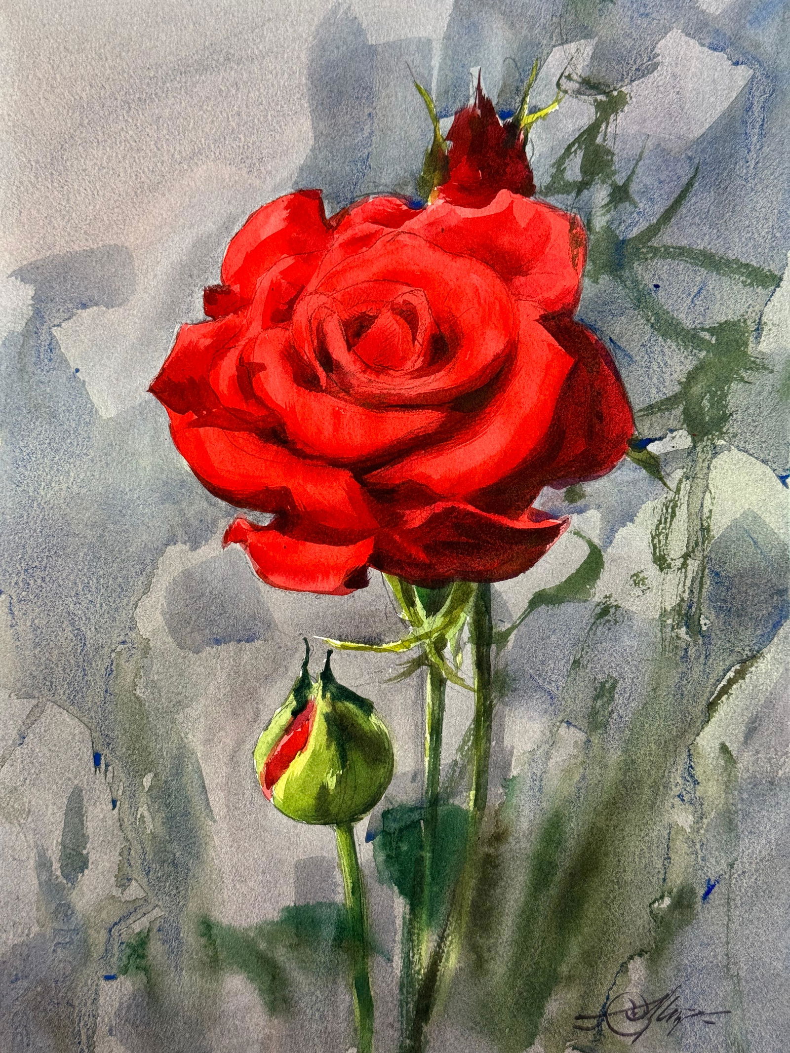 Watercolor Flowers Painting For House Office,Drawing Room,Dinning Hall,Kitchen /  Red Rose 15x11inch Image