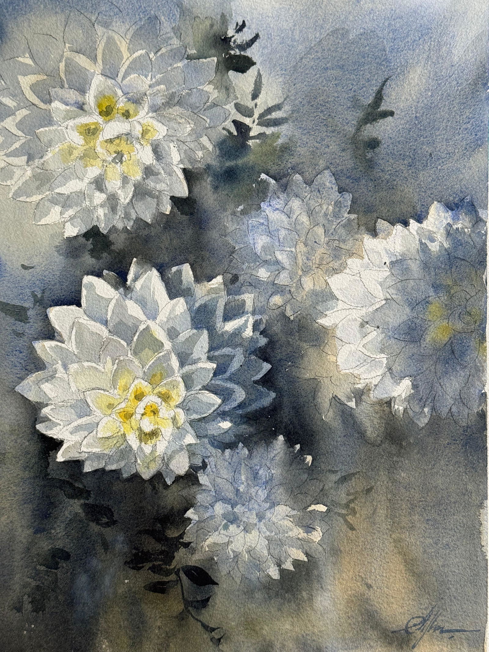 Watercolor Flowers Painting For House Office,Drawing Room,Dinning Hall,Kitchen /  Dahlia 15x11inch  Image