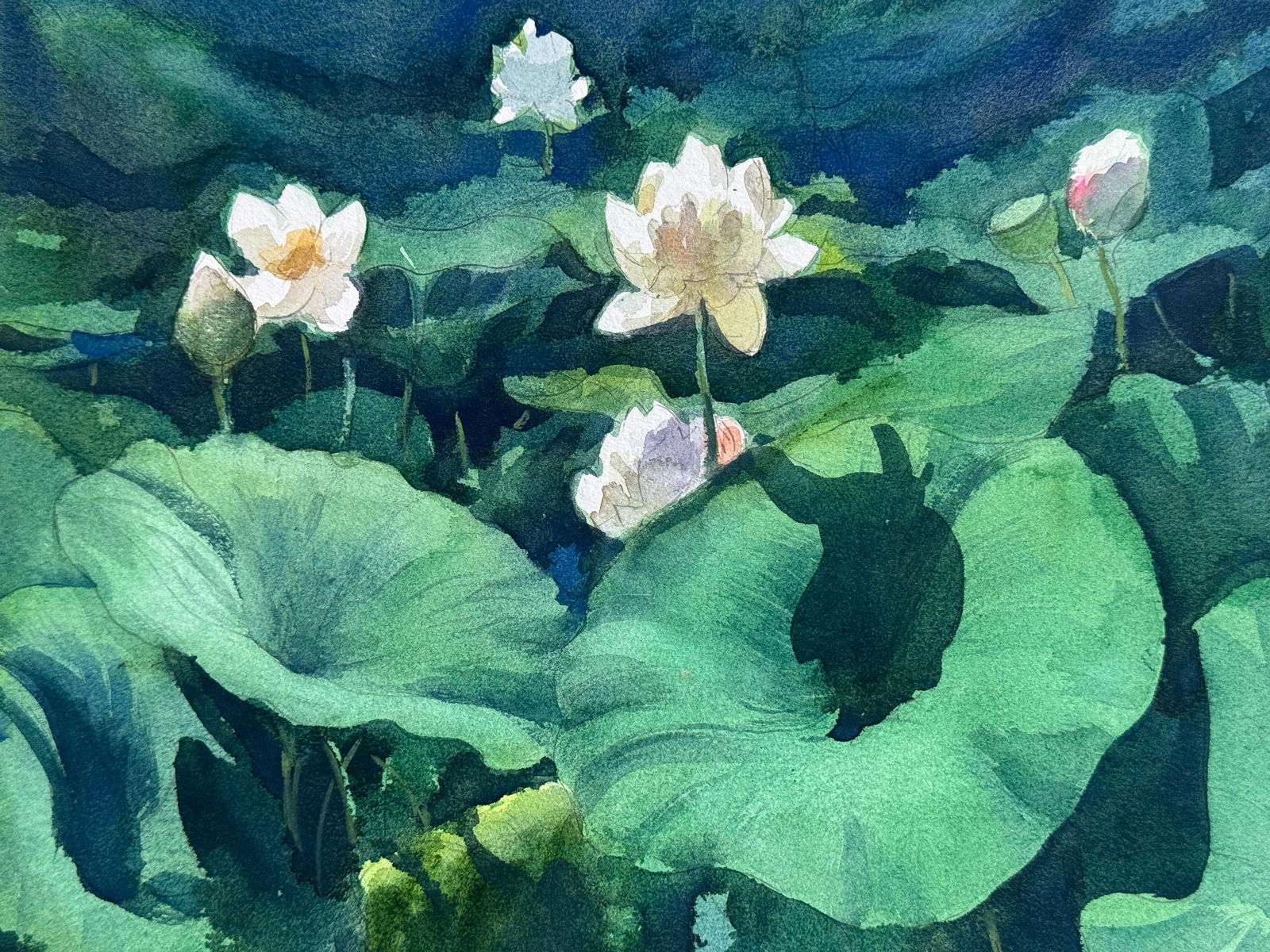 Small Watercolor Flowers Painting For House Office,Drawing Room,Dinning Hall,Kitchen /  Lotus Pond 13x11inch  Image