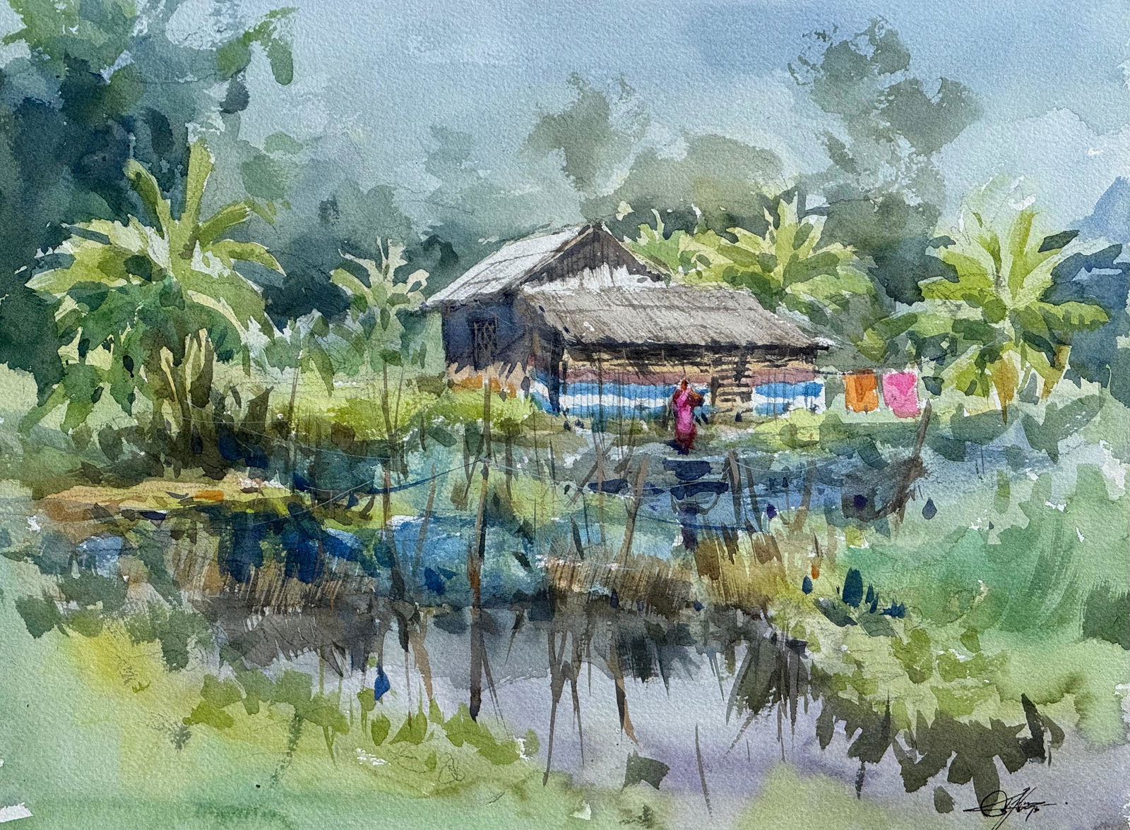 Watercolor Landscape Painting/Village,Rural,Gram,Banana trees,Greenery Painting 15x11 inch.  Image