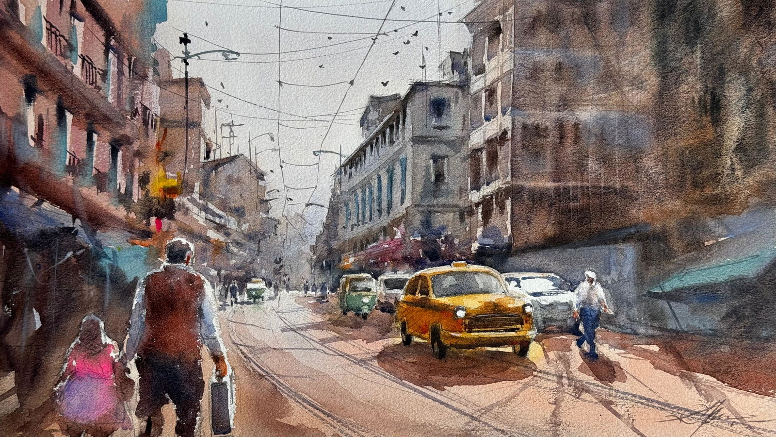 Beautiful Watercolor Landscape Painting For Office,House,Drawing Room,Dinning Rooms,Interior Design,Studio /  Kolkata City Of Joy,Yellow Taxi. 18x11 inch.  Image