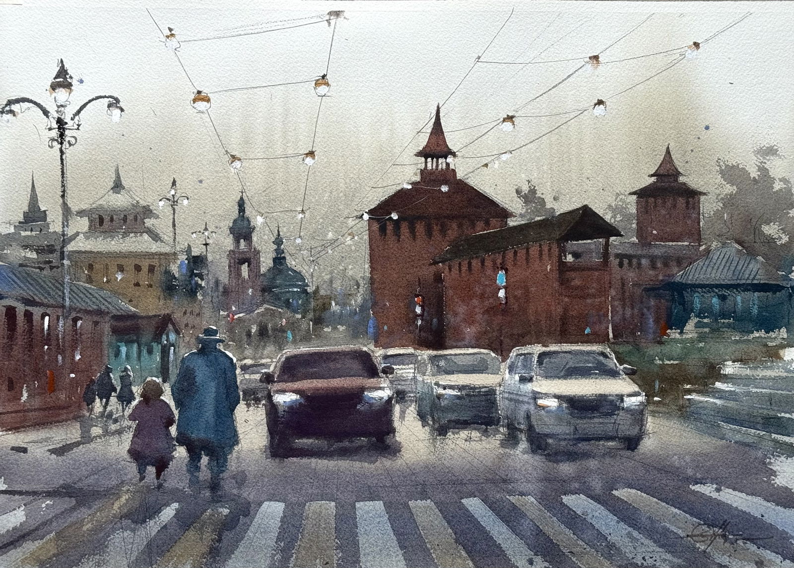 Beautiful Watercolor Cityscape Painting For Office,House,Drawing Room,Dinning Rooms,Interior Design,Studio / Kolomna Russia Image