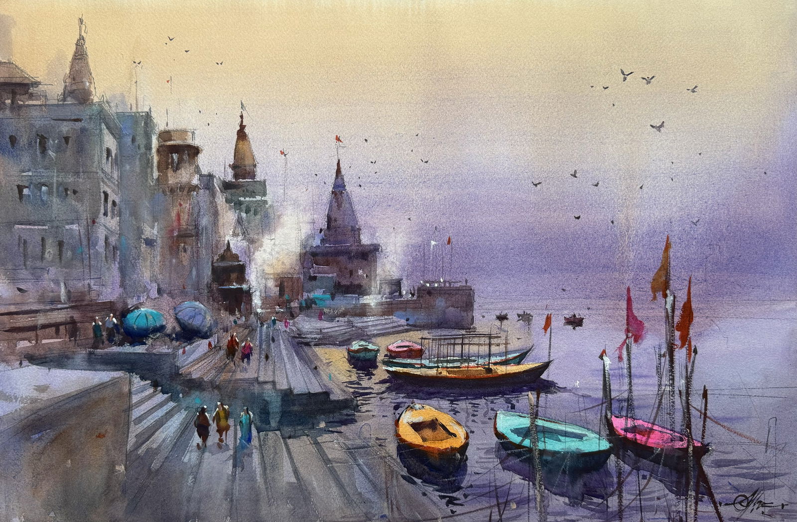 Beautiful Watercolor Landscape Painting / Varanasi Ghat Painting For office,House,drawing room,Studio/22x15 inch Image