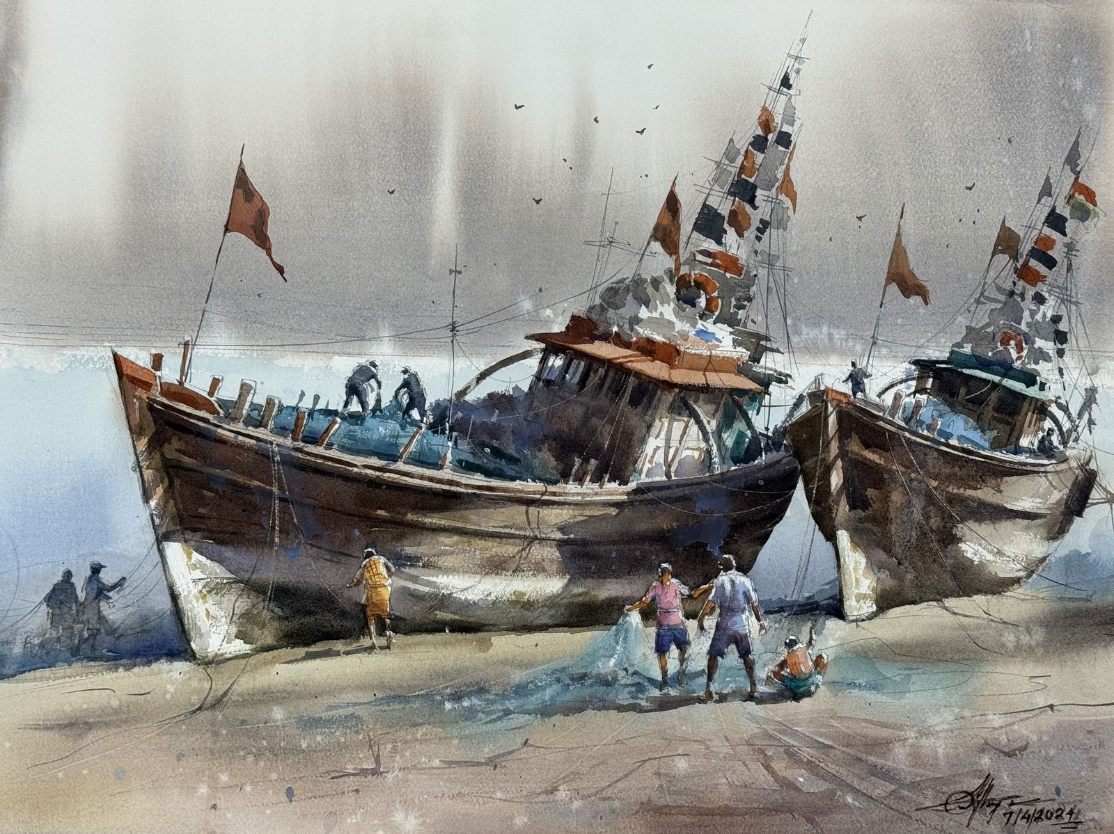 Beautiful Watercolor Boats Painting For Office,House,Drawing Room,Dinning Rooms,Interior Design,Studio / Porbander 24x18 inch  Image