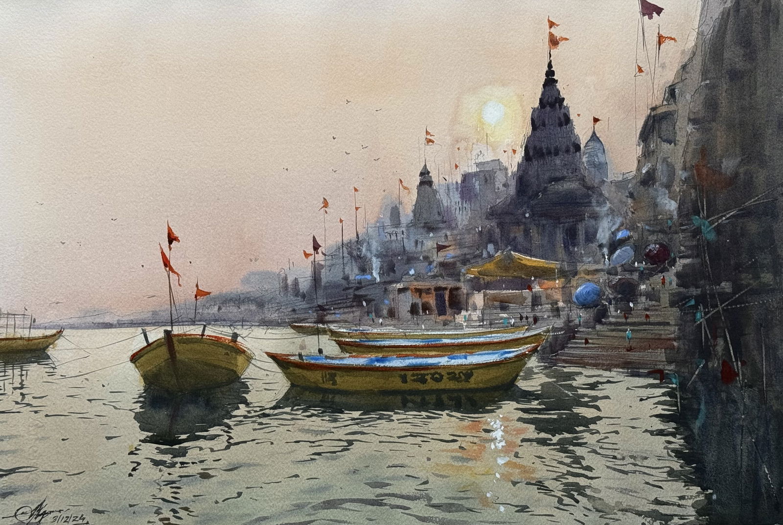 Beautiful Watercolor Landscape Painting / Varanasi for Studio,Home,Office,Drawing Room / 22x15 inch Image