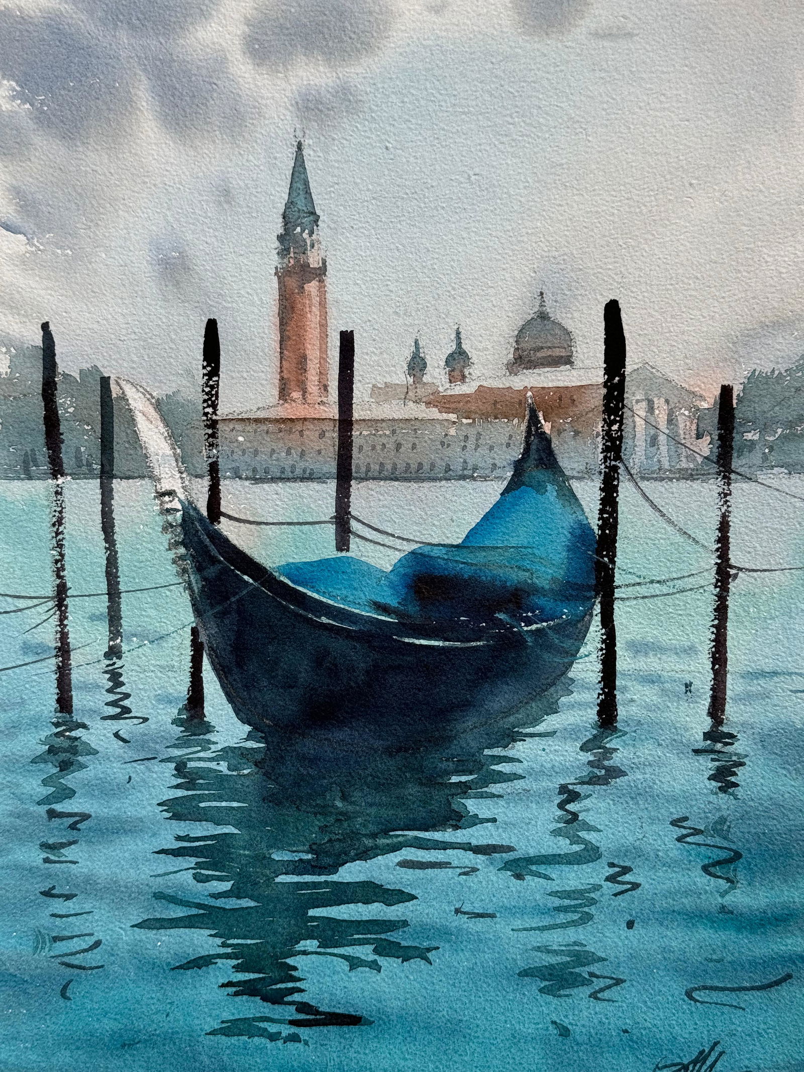 Beautiful Watercolor Landscape Painting For Office,House,Drawing Room,Dinning Rooms,Interior Design,Studio / Venice Boats and Reflection 15x11 inch  Image