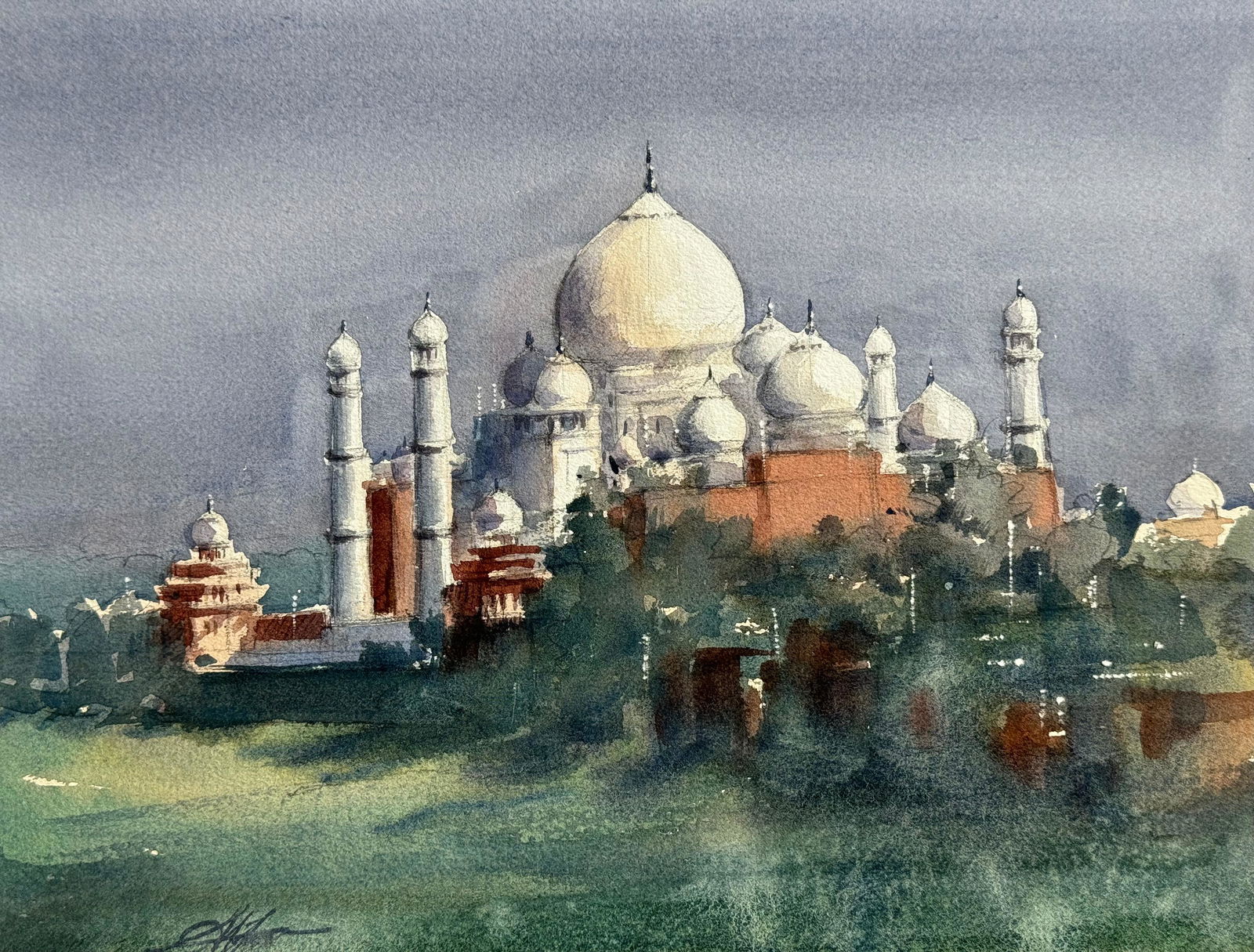 Beautiful Watercolor Landscape Painting For Office,House,Drawing Room,Dinning Rooms,Interior Design,Studio / Tajmahal 15x11 inch Image