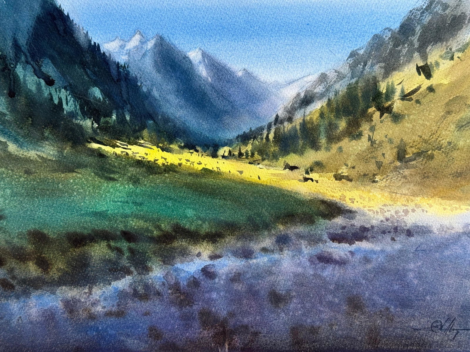 Beautiful Watercolor Landscape Painting For Office,House,Drawing Room,Dinning Rooms,Interior Design,Studio / Greenery Hills Landscape 16x11 inch. Image