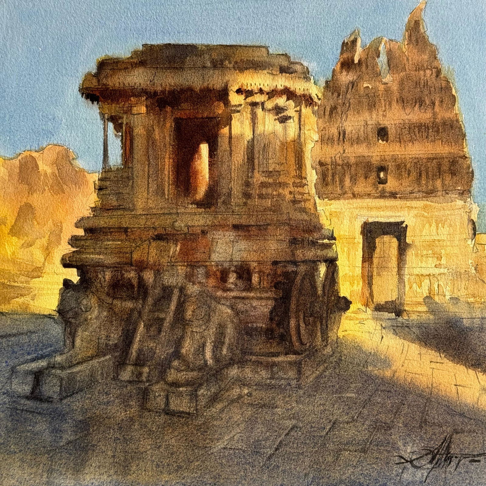 Beautiful Watercolor Landscape Painting For Office,House,Drawing Room,Dinning Rooms,Interior Design,Studio /Hampi Rath. Vittala Temple 11x11 inch.  Image