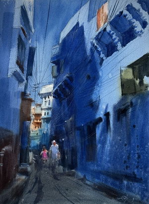 Jodhpur Blue City Beautiful watercolour cityscape painting for Studia,House,Office,Drawing room.Size 15x11 inch Image