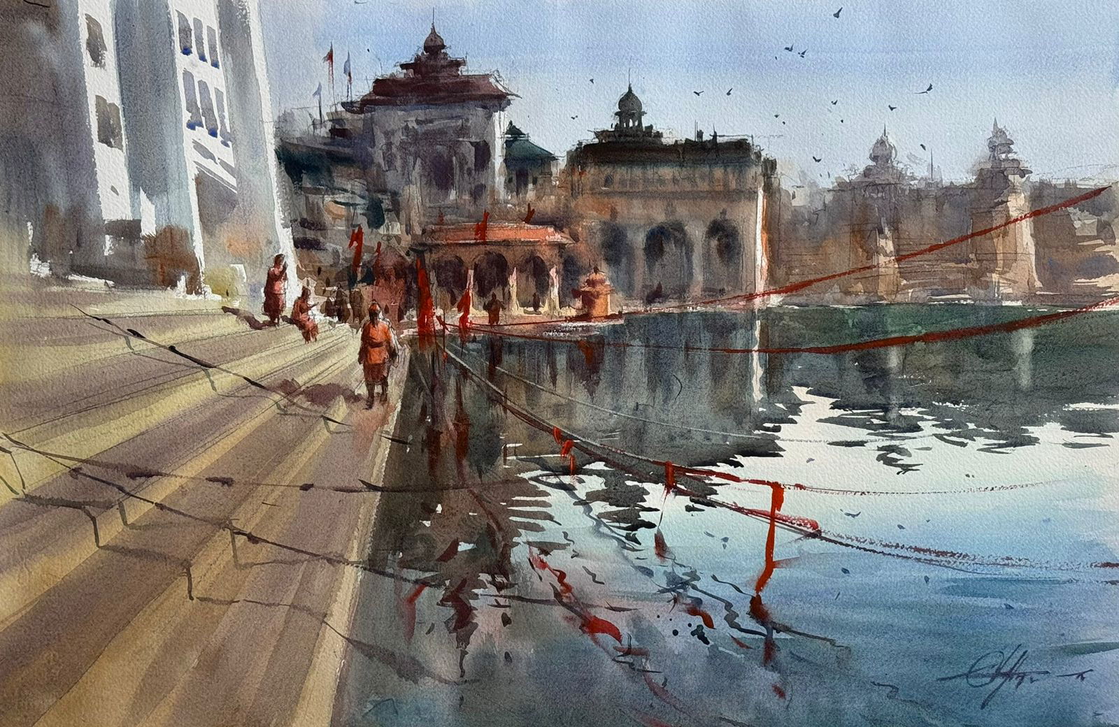 Pushkar Ghat Rajasthan.Beautiful Watercolor Landscape Painting For Drawing room,Office,House,Size 22x15 inch Image