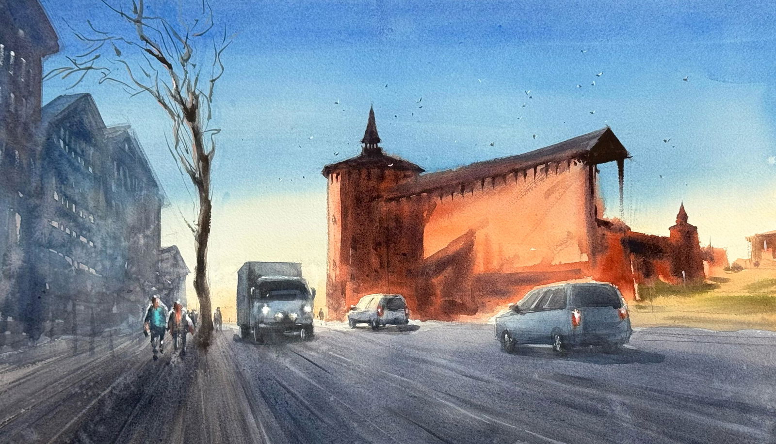 Beautiful Kolomna City in Russia / Watercolor Landscape Painting 22x15 inch for office,home,dining room. Image