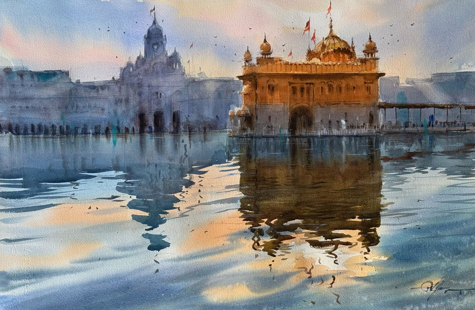 Golden Temple Amritsar, Watercolor Landscape Painting For Sweet Home and Office 22x15 Inch Image