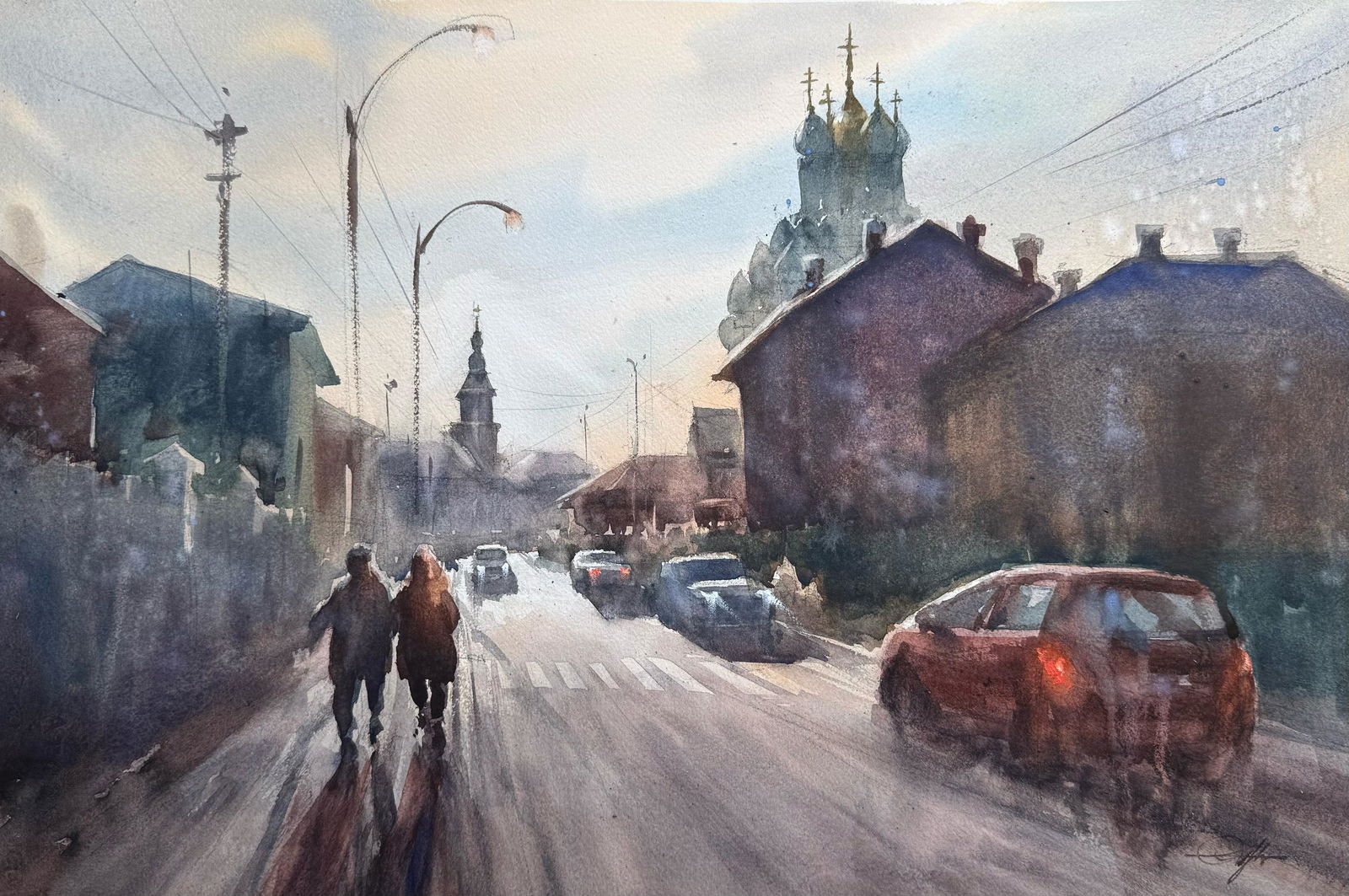 Beautiful Kolomna City in Russia / Watercolor Landscape Painting 22x15 inch for office,home,dining room. Image
