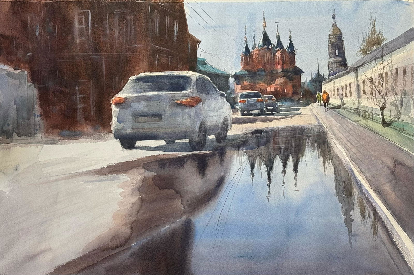 Beautiful Kolomna City in Russia / Watercolor Landscape Painting 22x15 inch for office,home,dining room. Image
