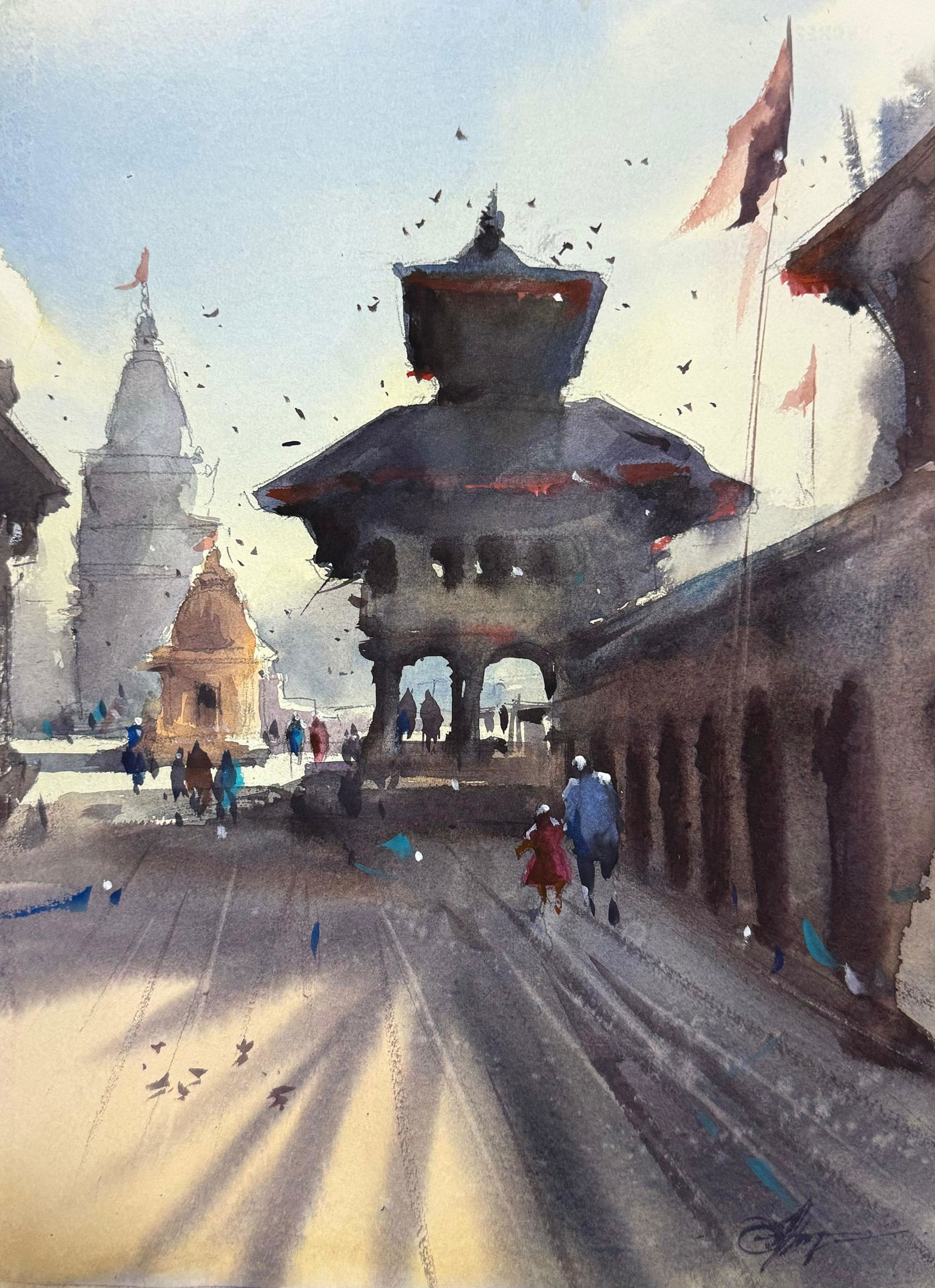 Bhaktapur Darwar Square Kathmandu ,Beautiful Watercolor Landscape Painting For Drawing room,Office,House,Size 15x11 inch Image