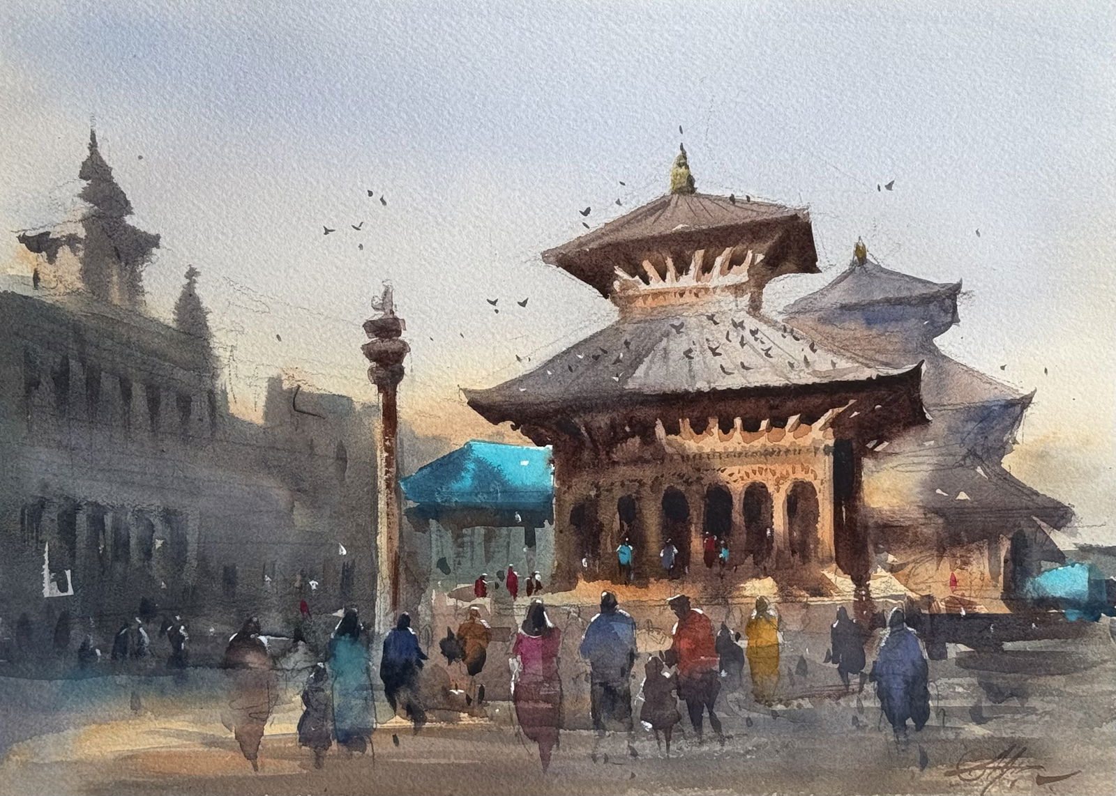 Patan Darbar Square Nepal Kathmandu / Watercolor Landscape Painting 15x11 inch Image