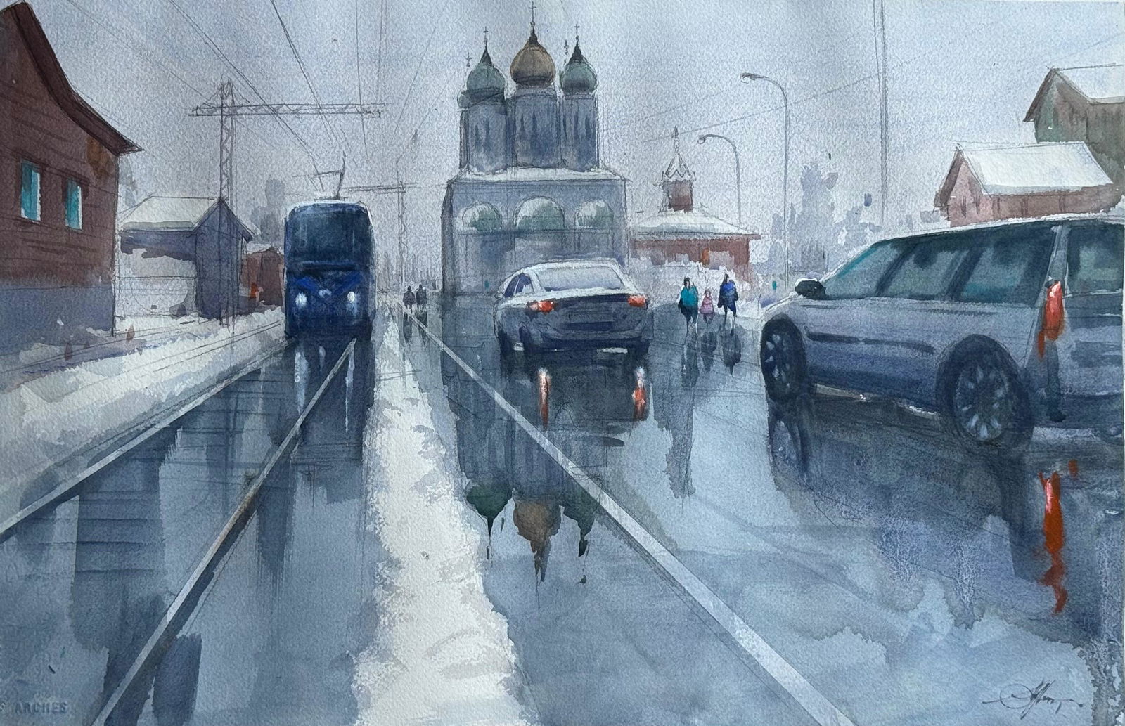 Beautiful Kolomna City in Russia / Watercolor Landscape Painting for office,home,dining room 22x15 inch Image