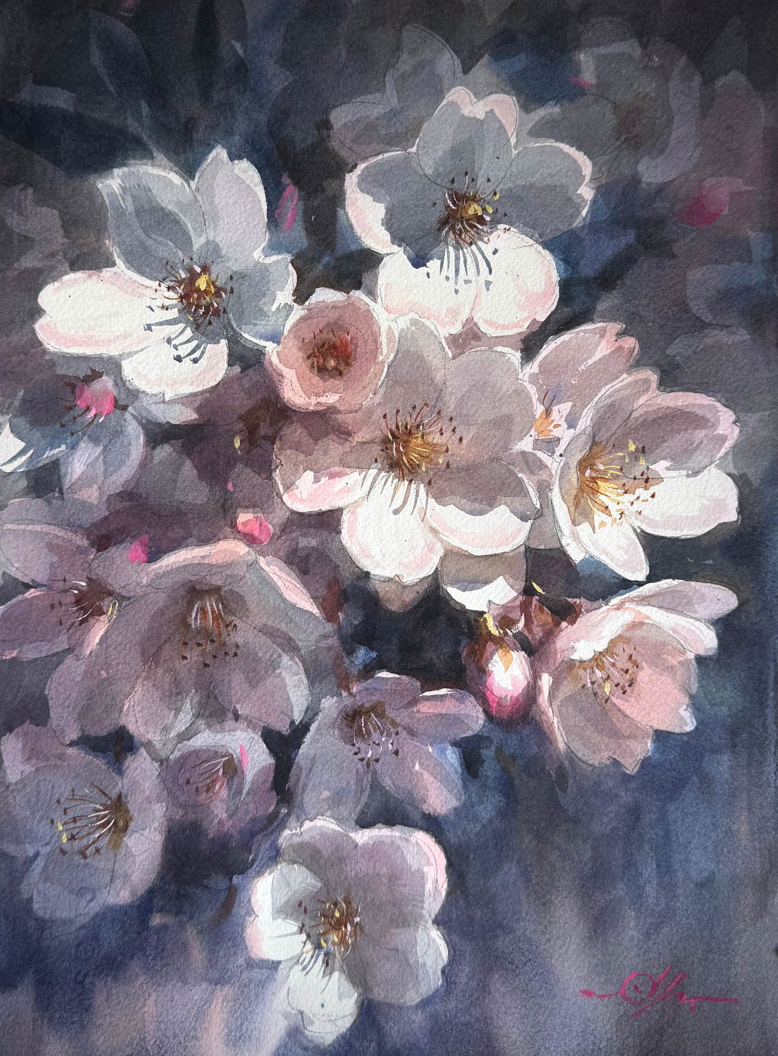 Sold Cherry blossom Watercolor Flowers Painting 15x11 inch. Image