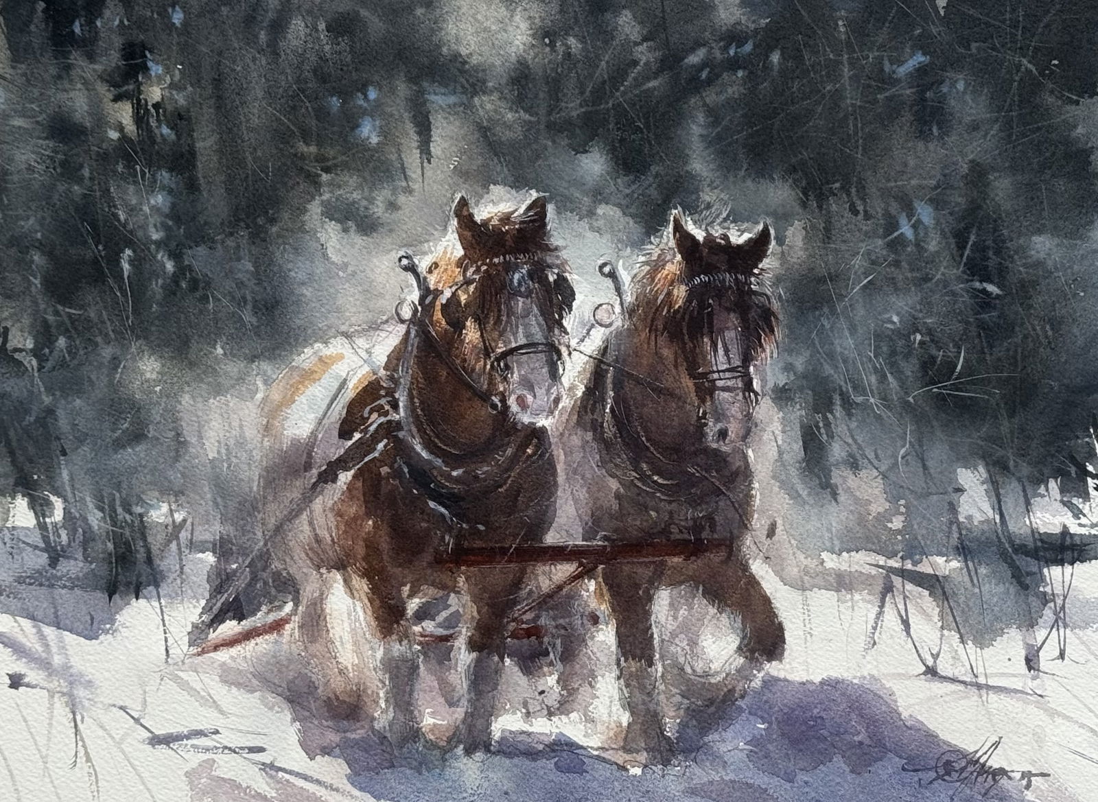 Two Horses Galloping in The Snow 15x11 inch Watercolour Painting  Image