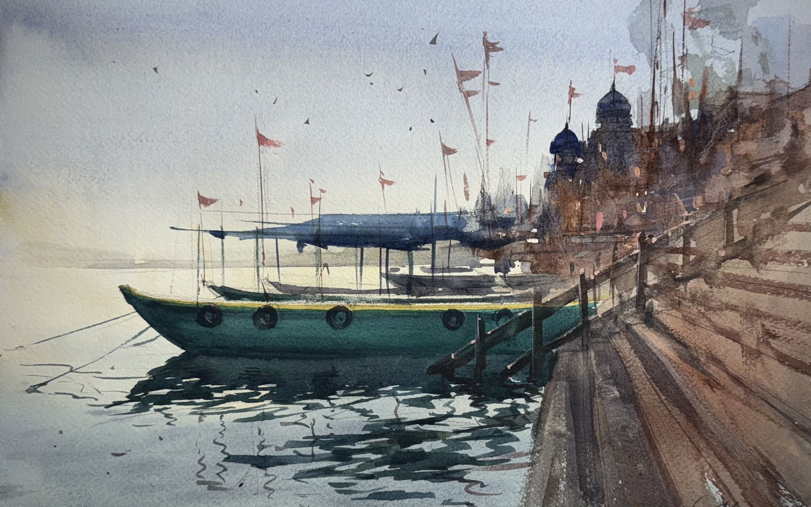 Watercolor Landscape Painting / Varanasi Temple Ghat and Beautiful Reflection.15x11 inch Image