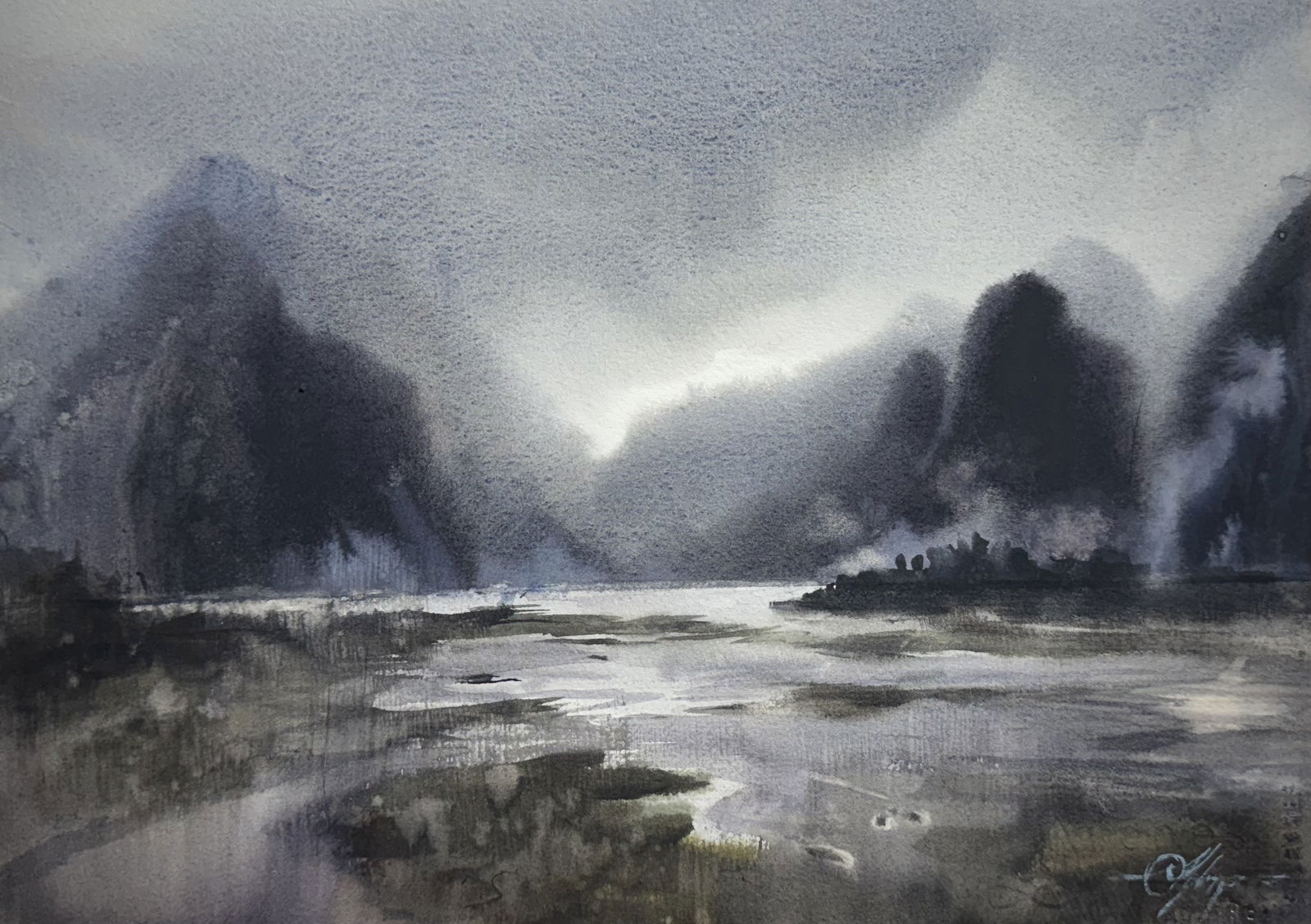 Moody Watercolor Landscape 15x11 inch Beautiful Atmosphere  Image