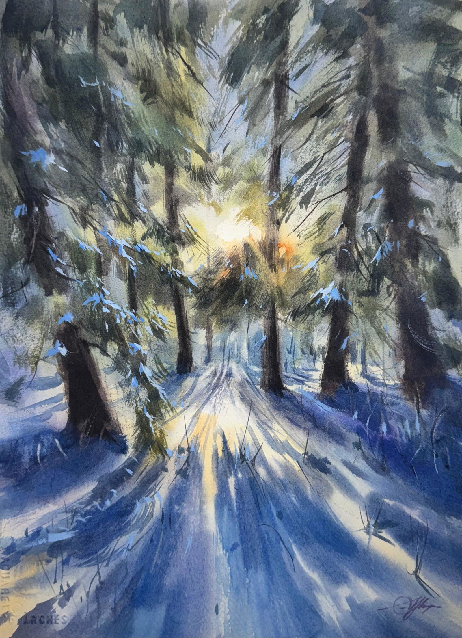 Watercolor Landscape Painting, Sun Rise, Snow, Forest,15x11 inch Image