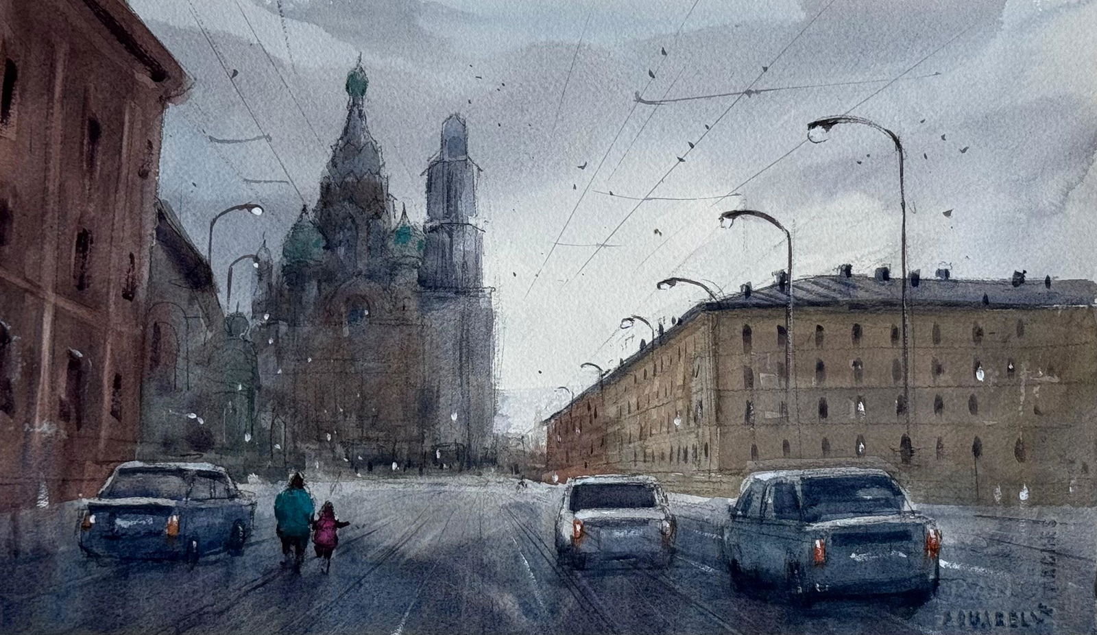 Watercolor Landscape Painting,Moody,Cityscape,15x8 inch Image
