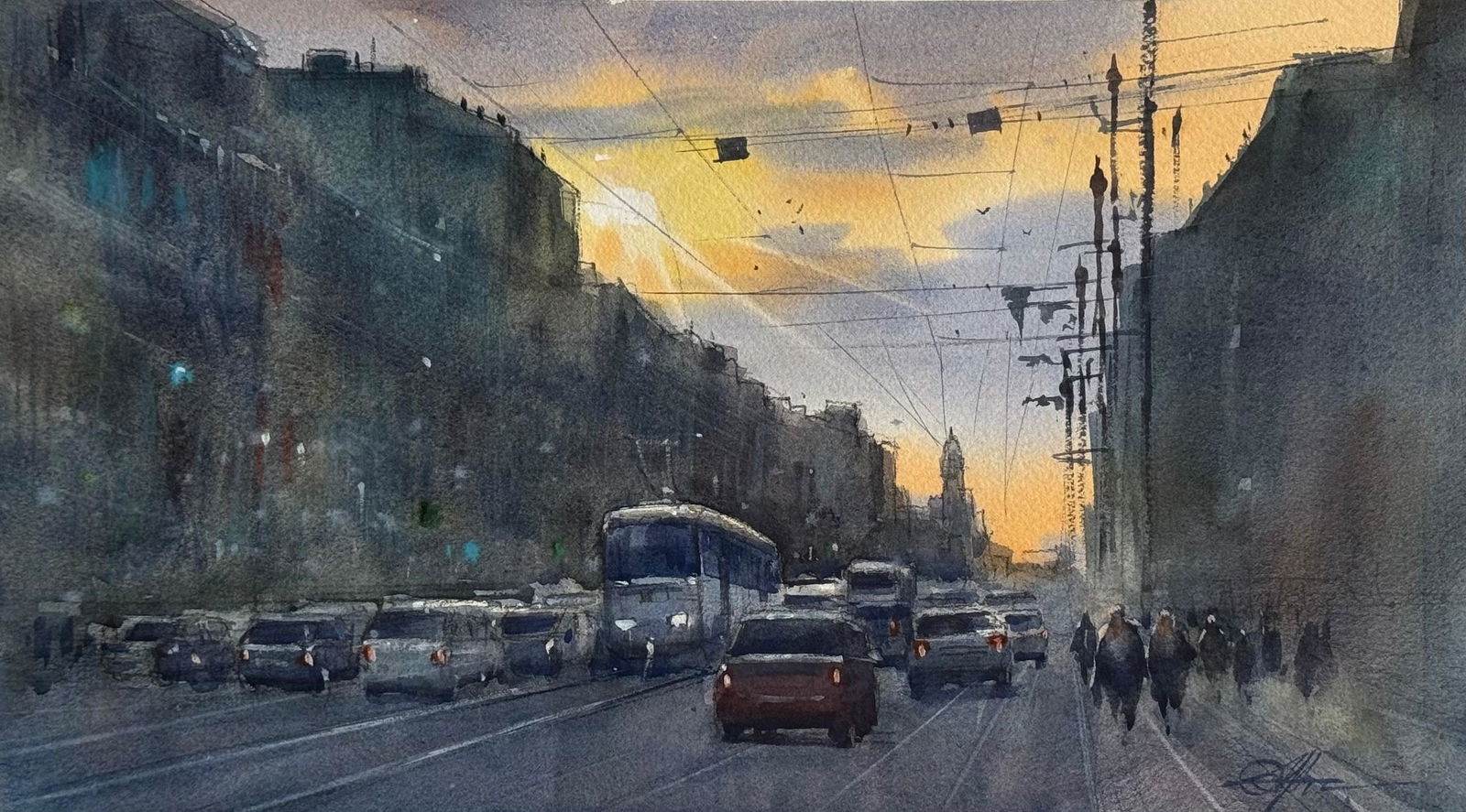 Watercolor Landscape Painting, Sunset,Cityscape,15x8 inch Image