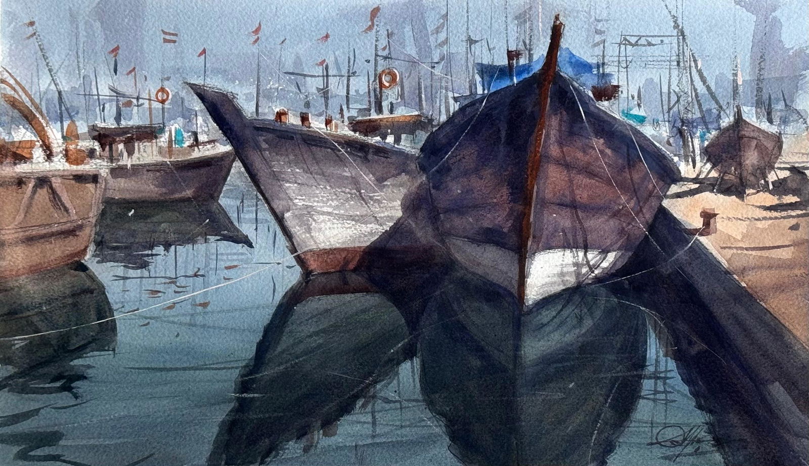 Watercolor Landscape,Boats 15x11 inch Image
