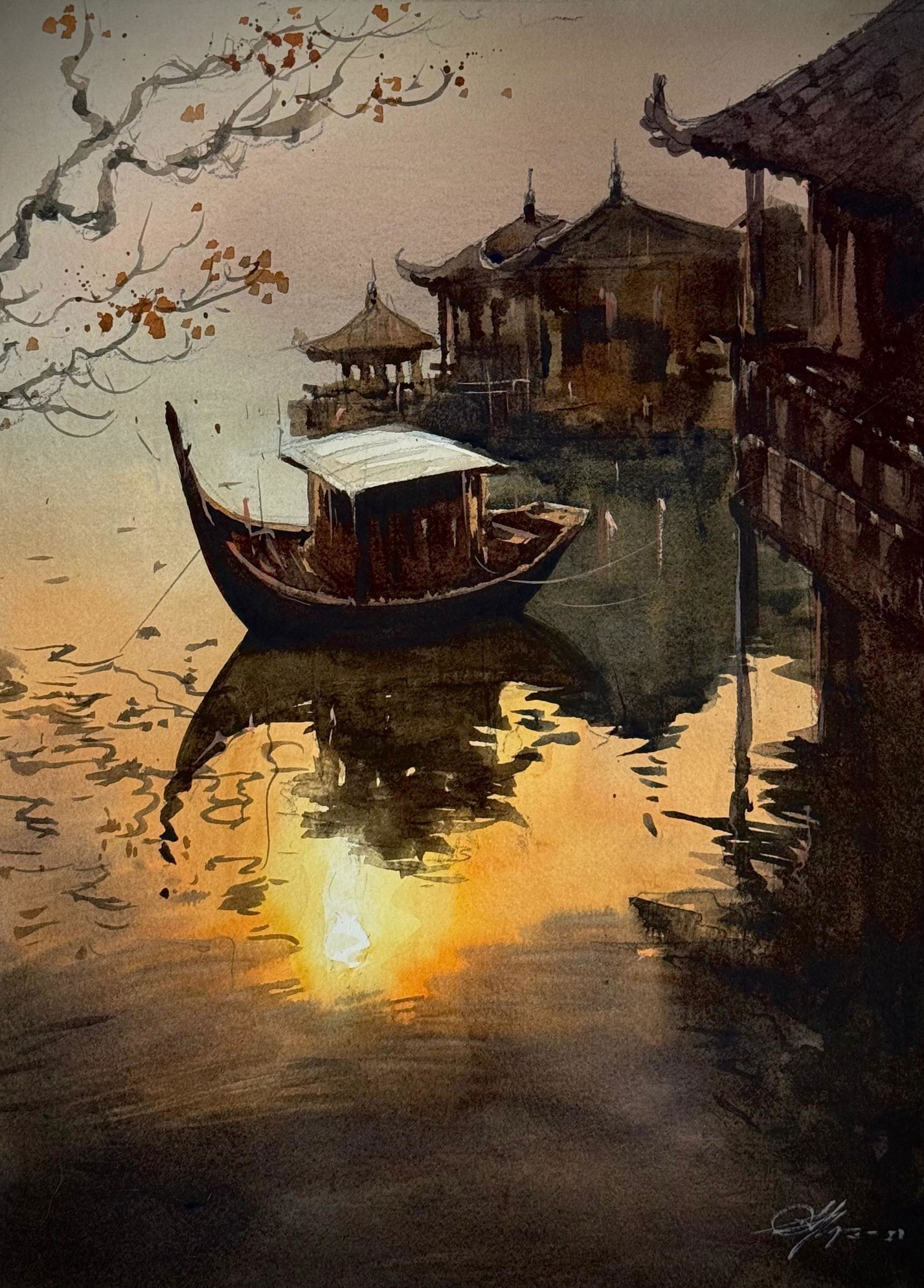 Beautiful Watercolor Sunset Painting 15x11 inch china landscape Image