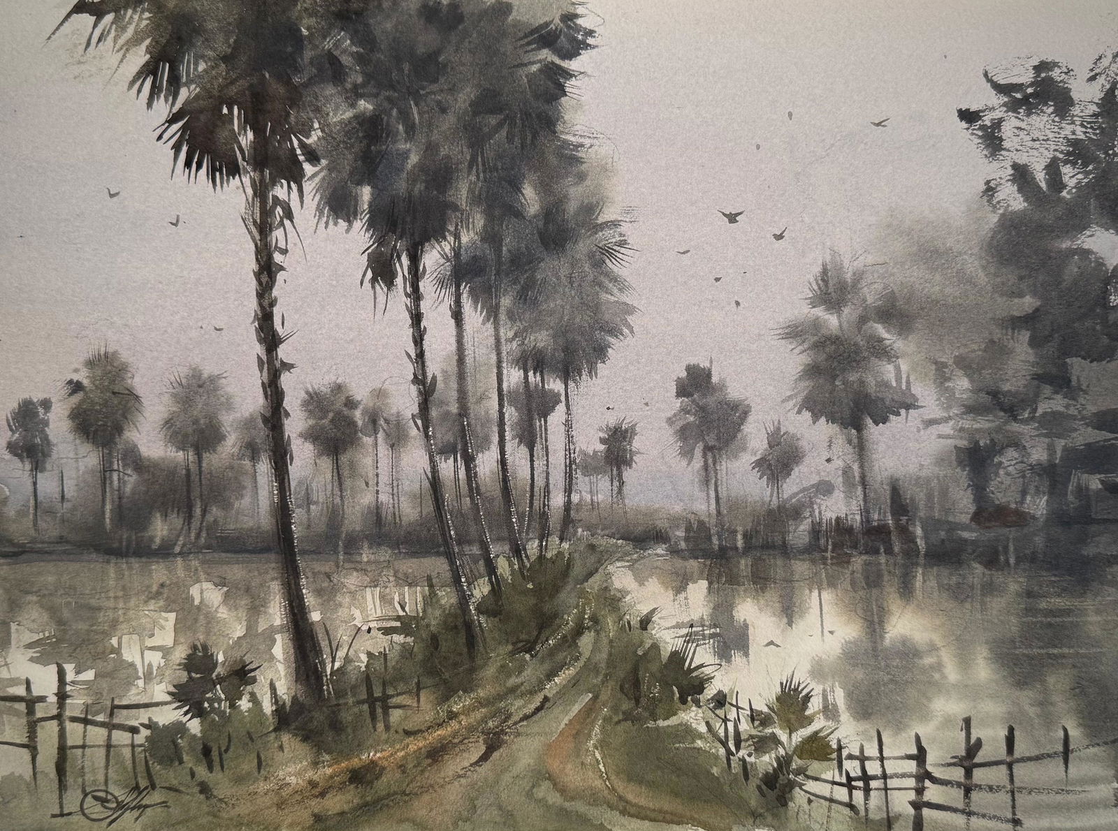 Watercolor Village Scape Painting 15x11 inch Bolpur Image