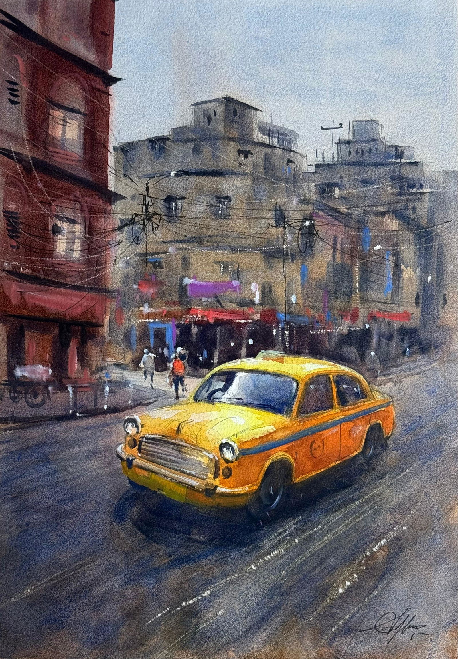 Sold, Beautiful Watercolor Cityscape Painting, Kolkata Taxi,15x11 inch Image