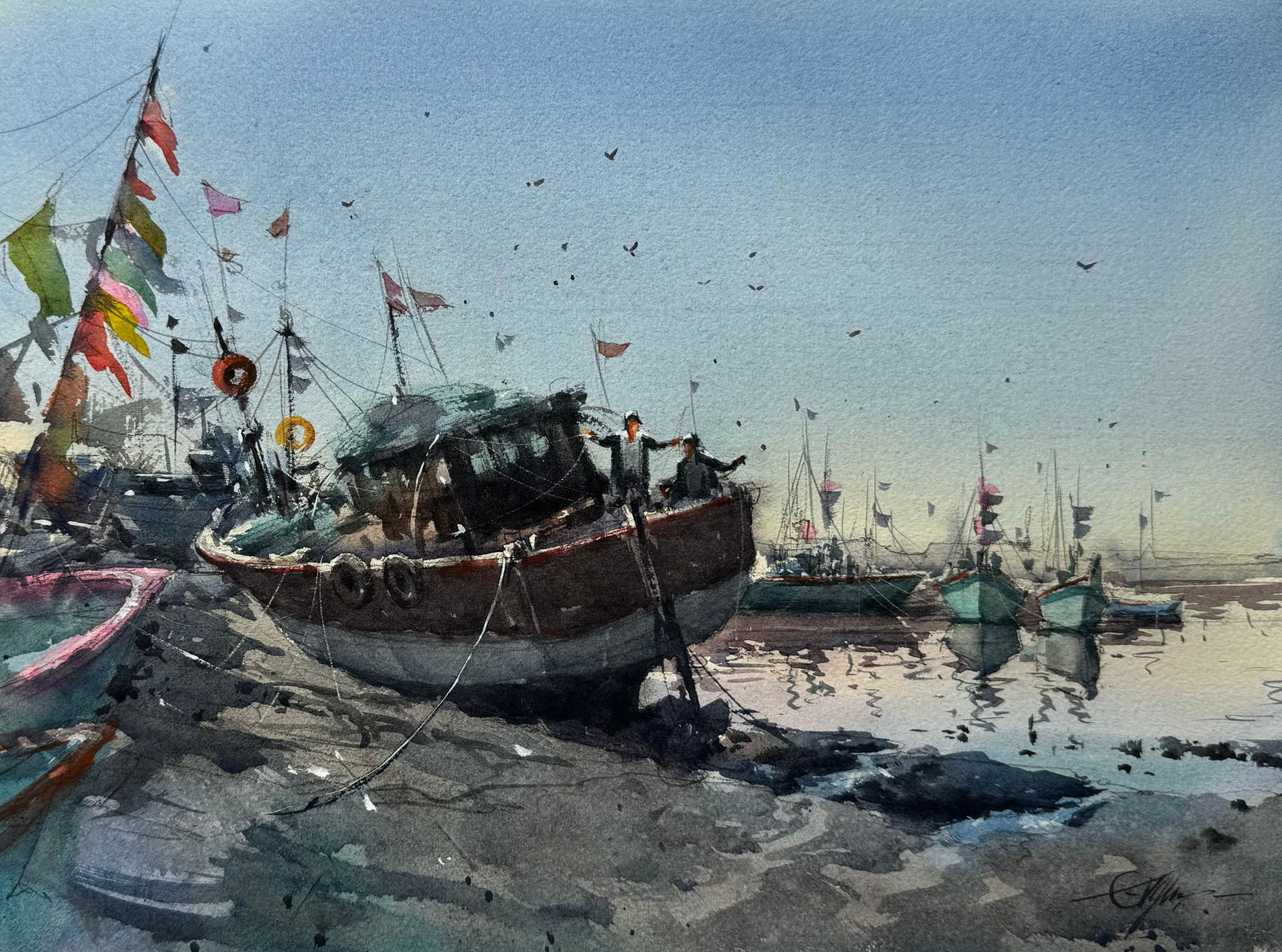 Sold, Beautiful Watercolor Landscape Painting, Porbandar Boats,15x11 inch Image