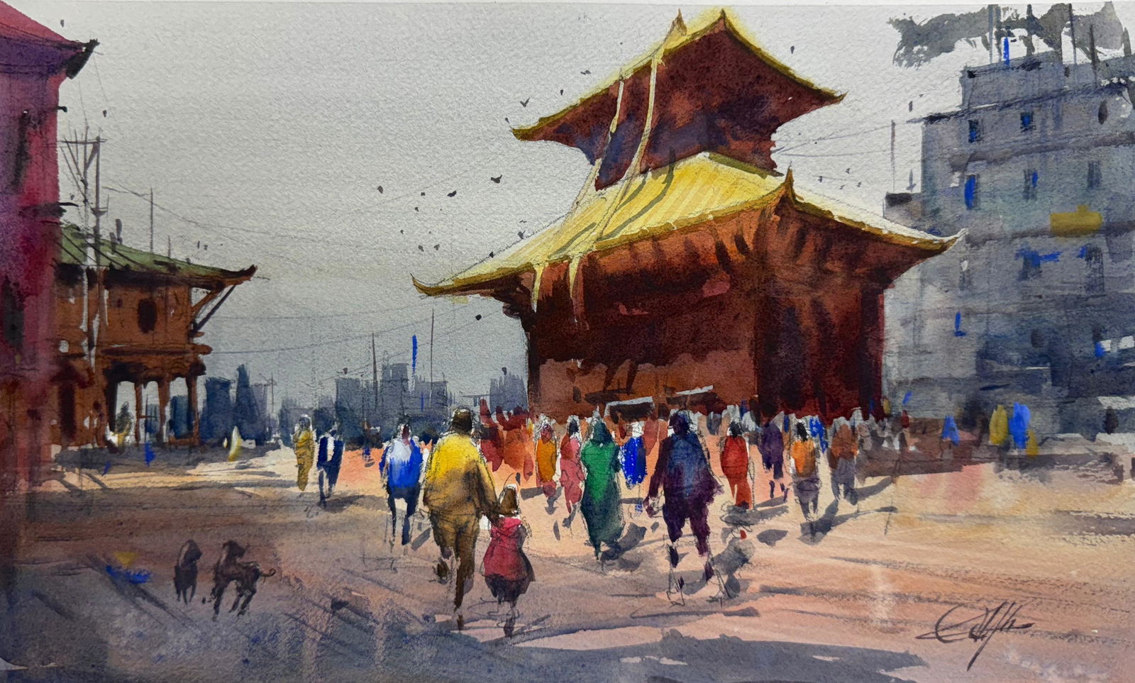 Sold, Beautiful Watercolor Landscape Painting, Mankamana Temple,15x11 inch Image