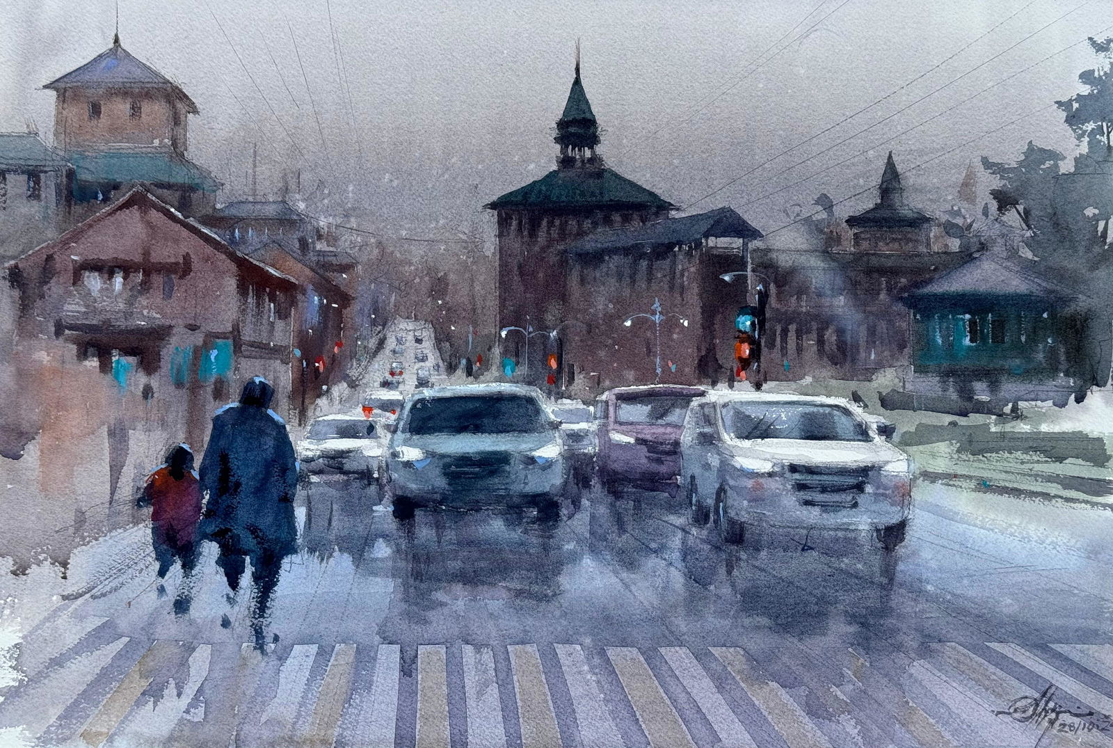 Sold, Beautiful Watercolor Cityscape Painting,Russia,20x16 inch Image