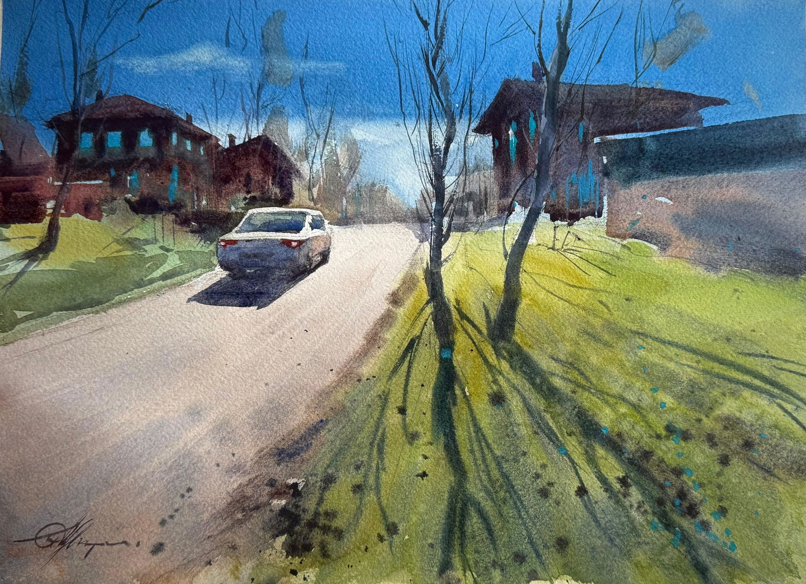 Sold, Beautiful Watercolor Landscape Painting, Morning light,15x11 inch Image