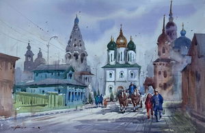 Sold, Beautiful Watercolor Cityscape Painting,Russia,22x15 inch Image