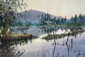 Sold, Beautiful Watercolor Landscape Painting, Dale Lake,22x15 inch Image