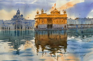 Sold, Beautiful Watercolor Cityscape Painting,Amritsar Golden Temple ,22x15 inch Image