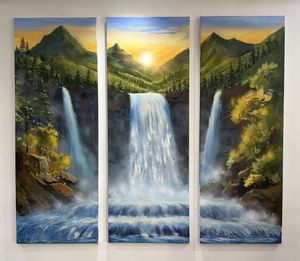 Sunrise with Waterfall Acrylic Painting 44x16 inch x 3 Panel Image